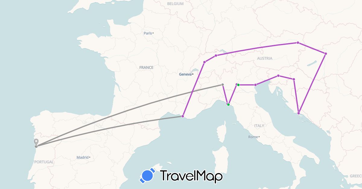 TravelMap itinerary: driving, bus, plane, train in Austria, Switzerland, France, Croatia, Hungary, Italy, Portugal, Slovenia (Europe)